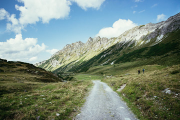 Fototapeta premium Almlandschaft in Salzburg: Wanderweg, Berggipfel, Almwiese und blauer Himmel