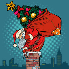 Santa Claus with a Christmas tree in a bag climbs the chimney
