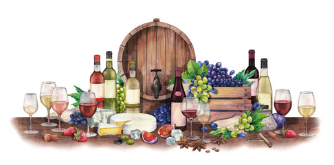 Watercolor wine glass and bottle decorated with delicious food