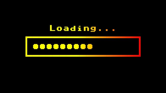 Retro vintage 8-bit computer loading text with a progress bar made of round dots, with color hue (shift) from yellow to red.
