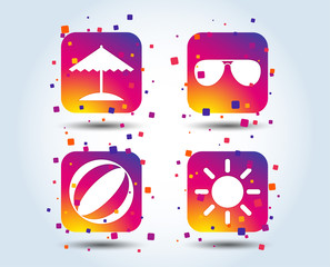 Beach holidays icons. Ball, umbrella and sunglasses signs. Summer sun symbol. Colour gradient square buttons. Flat design beach concept. Vector