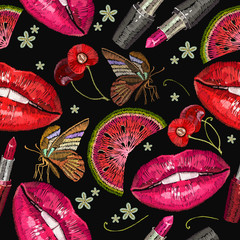 Embroidery lips, cherry, butterfly and summer flowers. Fashion template for clothes, textiles, t-shirt design. Cosmetics and makeup seamless pattern