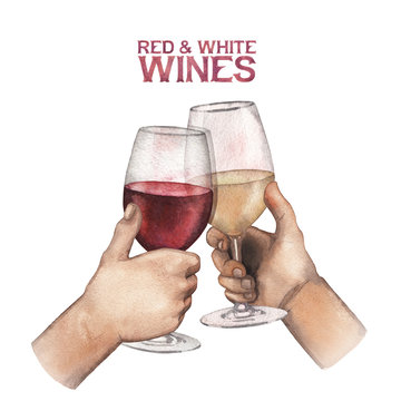 Two watercolor hands holding glasses of red and white wine