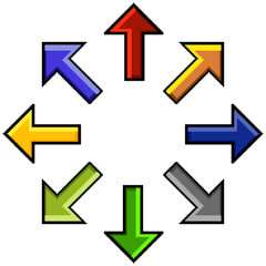 Pixel art: a collection of arrows pointing at many different directions.

