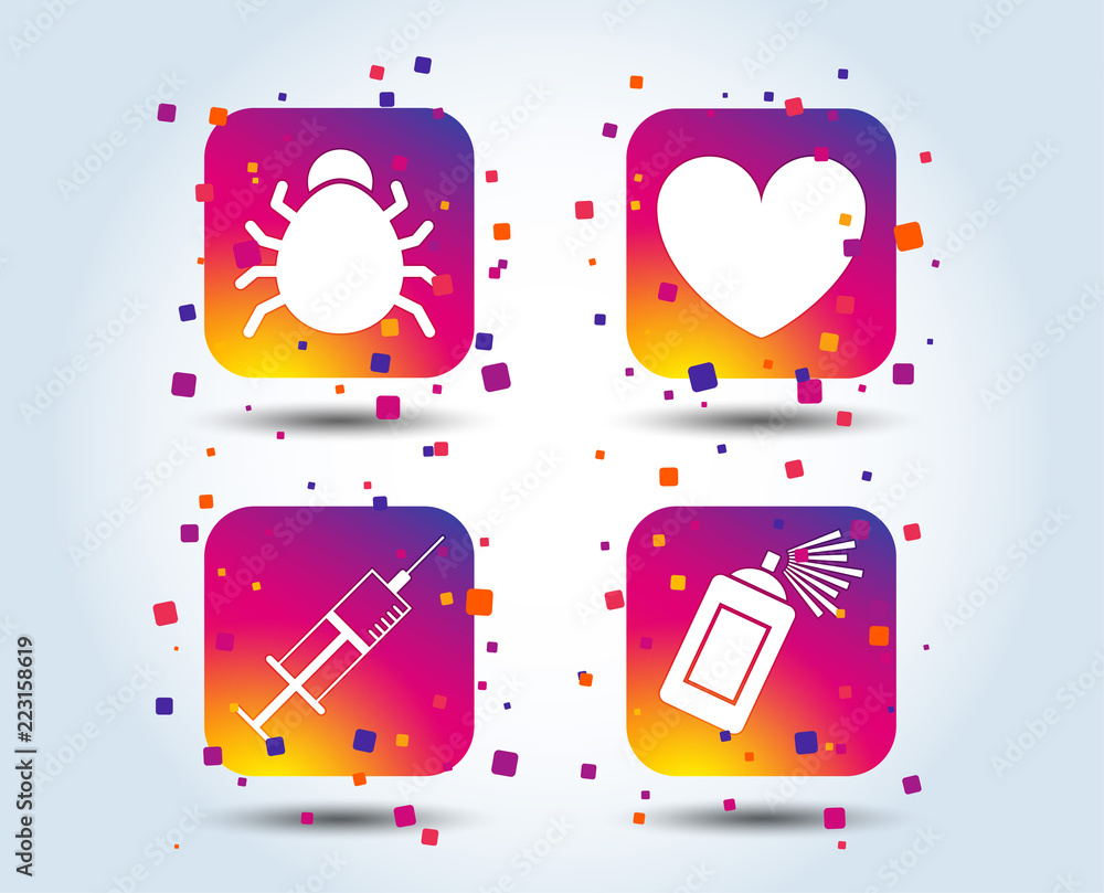Aufkleber bug and vaccine syringe injection icons. heart and spray can sign symbols. colour gradient square bu