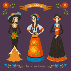 Dia de los muertos. Vector illustration of Mexican cartoon Catrinas in different costumes and dresses. Isolated on dark violet background