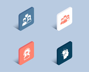 Set of Support, Couple love and Teamwork icons. Idea sign. Call center, People in love, Group of users. Professional job.  3d isometric buttons. Flat design concept. Vector