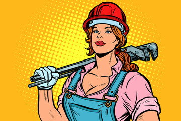 Fototapeta na wymiar Pop art woman plumber mechanic with wrench