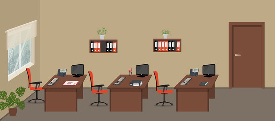 Office room in a beige color. There are desks, red chairs, computers, phones, folders, flowers and other objects in the picture. There is also window and door in the room. Vector illustration