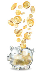 Piggy bank 3d realistic glass in vector on a white background. Coins, savings, bank, finance money cash gold dollar, the year of the pig, wealth, saving Pig piggy.