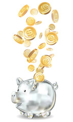 Piggy bank 3d realistic glass on a white background. Coins, savings, bank, finance money cash gold dollar, the year of the pig, wealth, saving Pig piggy.