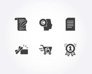 Set of Feather, Writer and Document icons. Opened gift, Shopping cart and Reward signs. Copyright page, Copyrighter, Information file. Present box, Online buying, First place.  Quality design elements