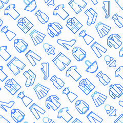 Clothing seamless pattern with thin line icons: shirt, shoes, pants, hoodie, sneakers, shorts, underwear, dress, skirt, jacket, coat, socks. Modern vector illustration.