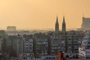 Fototapeta na wymiar Aerial sunset view over the city skyline of Antwerp, Belgium, in summer, seen from the Central Station 