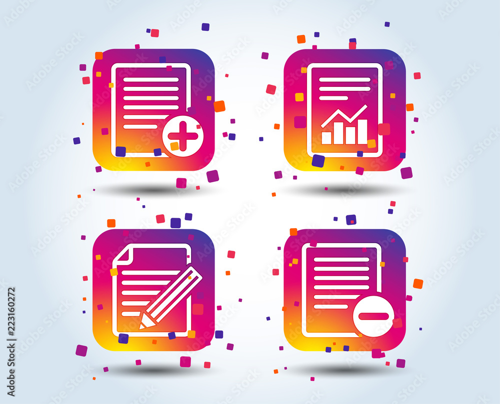 Poster file document icons. document with chart or graph symbol. edit content with pencil sign. add file. c
