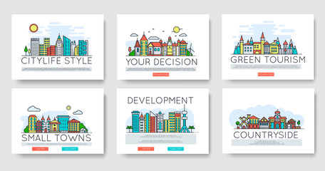 Set of city skylines and suburban different buildings in skyline. Thin line vector illustration design concept.