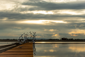 Sunset light reflects from the surface of the water and the wooden bridge.