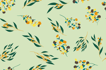 Bright Floral Seamless Pattern. Vector Eucalyptus Leaves and Beautiful Blossom Elements. Colorful Botanical Summer Background. Floral Seamless Pattern for Wedding Design, Print, Textile, Fabric, Paper