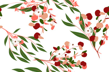Autumn Seamless Pattern with Eucalyptus Leaves. Foliage Natural Branches. Decorative Background in Vintage Style. Seamless Eucalyptus Pattern for Fabric, Textile, Wrapping Paper, Cloth, Dress, Print.