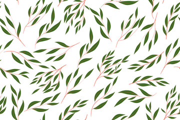 Autumn Seamless Pattern with Eucalyptus Leaves. Foliage Natural Branches. Decorative Background in Vintage Style. Seamless Eucalyptus Pattern for Fabric, Textile, Wrapping Paper, Cloth, Dress, Print.