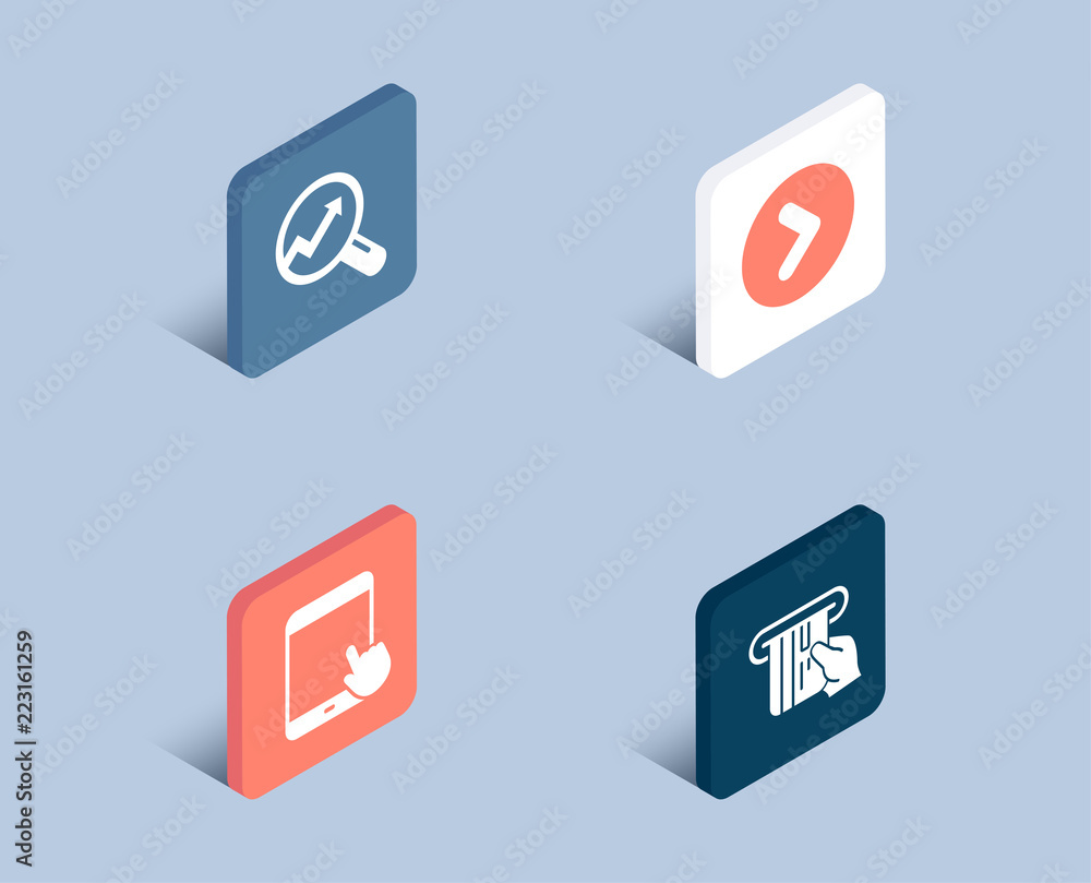 Poster set of analytics, tablet pc and forward icons. credit card sign. audit analysis, touchscreen gadget,