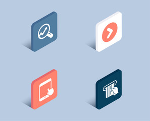 Set of Analytics, Tablet pc and Forward icons. Credit card sign. Audit analysis, Touchscreen gadget, Next direction. Atm payment.  3d isometric buttons. Flat design concept. Vector