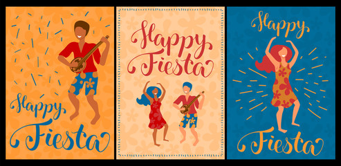 Happy Fiesta set of vector cards with dancing couple and lettering. Latina dance poster collection.