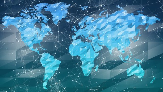 Low poly blue world map. Connected dots. Digital age.