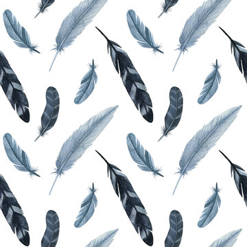 Watercolor fashion seamless pattern with feathers. fabric background