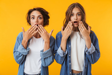 Shocked young women friends posing isolated over yellow background.