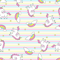 Beautiful unicorns pop art on the clouds seamless pattern.