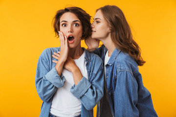 Women friends posing isolated over yellow background gossiping.