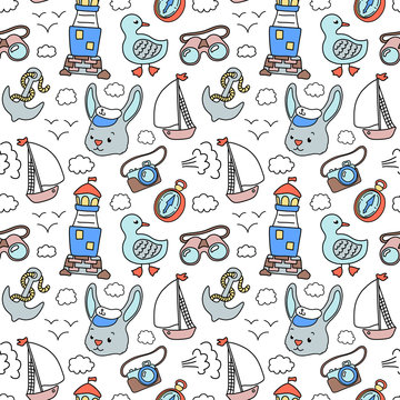 Rabbit sailor and lighhouse, nautical pattern. Vector seamless pattern on white background. Marine vacation travel