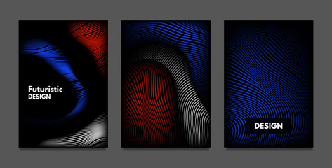 Distortion of Lines. Abstract Backgrounds with Vibrant Gradient and Wavy Stripes. Futuristic Cover Templates Set with Volume and Metallic Effect. Distorted Shapes for Business Presentation, Brochure.