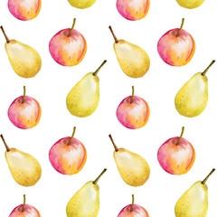 Watercolor seamless pattern with apples and pears. Hand drawn design, white background, summer fruit illustration. For the design of invitations, greeting cards, wallpapers, banners, web