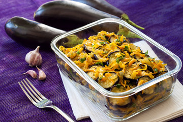 Appetizer of fried and marinated eggplant with onion and carrot