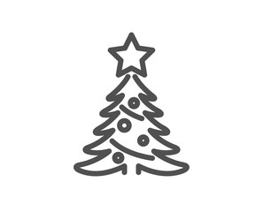 Christmas tree present line icon. New year spruce sign. Fir-tree symbol. Quality design element. Classic style christmas tree. Editable stroke. Vector