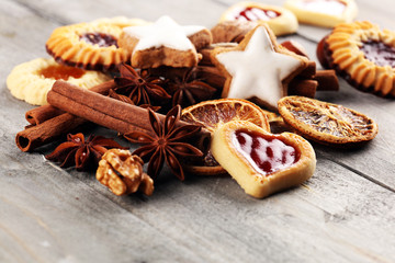 Baking christmas cookies. Typical cinnamon stars bakery with spices. xmas decoration