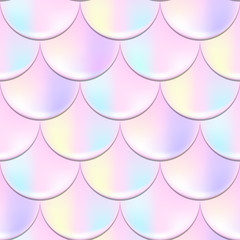 Mermaid fish scale seamless pattern with holographic effect. Iridescent mermaid vector background. Pastel pink pattern