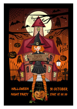 Halloween invitation card. Cute girl in a witch costume against the backdrop of a haunted house. Vector illustration