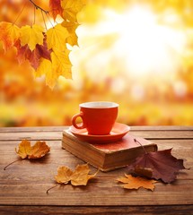 Autumn background. Autumn leaves, book and cup of tea on wooden table in park.