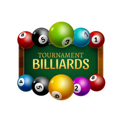 Vector Billiard challenge poster. 3d realistic balls on billiard table with lamp. Flyer design cover championship