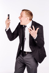 Naklejka premium man in black suit. emotions, facial expressions, feelings, body language, signs.