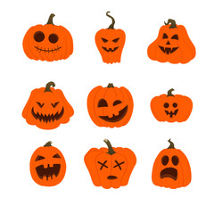 Set of simple orange pumpkins with funny faces. Halloween icons isolated on white background. Different shapes.