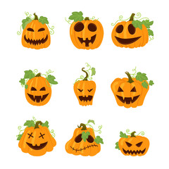 Set of simple yellow pumpkins with leaves and vines. Halloween icons with funny faces isolated on white background. Different shapes.