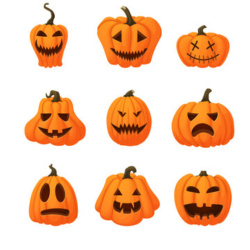 Set of ripe orange pumpkins with funny faces isolated on white background. Halloween, harvest icon. Different shapes.