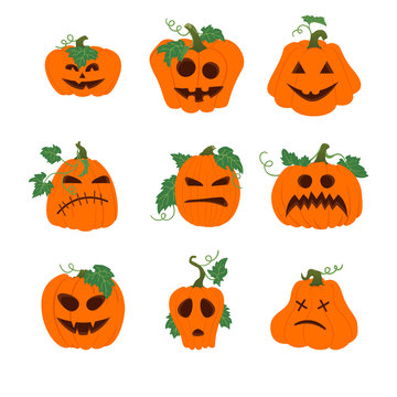 Set of simple orange pumpkins with leaves and vines. Halloween icons with funny faces isolated on white background. Different shapes.