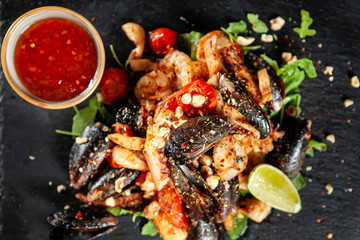 Delicious seafood with spicy sos.Mediterranean fine cuisine