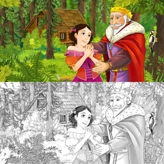 cartoon scene with royal pair in the forest near some hidden wooden house - with artistic coloring page - illustration for children