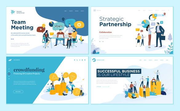 Set of web page design templates for our team, meeting and brainstorming, strategic partnership, crowdfunding, business success. Vector illustration concepts for web development. 